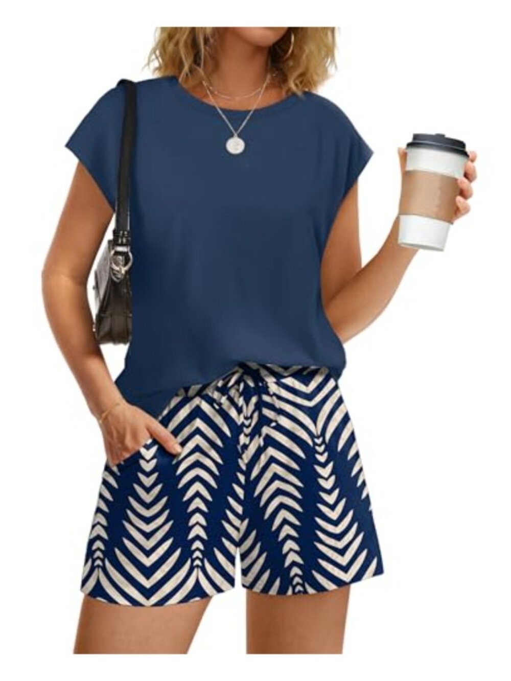 2 Piece Lounge Set Cap Sleeve Top Drawstring Shorts Pockets Loose Fit Travel